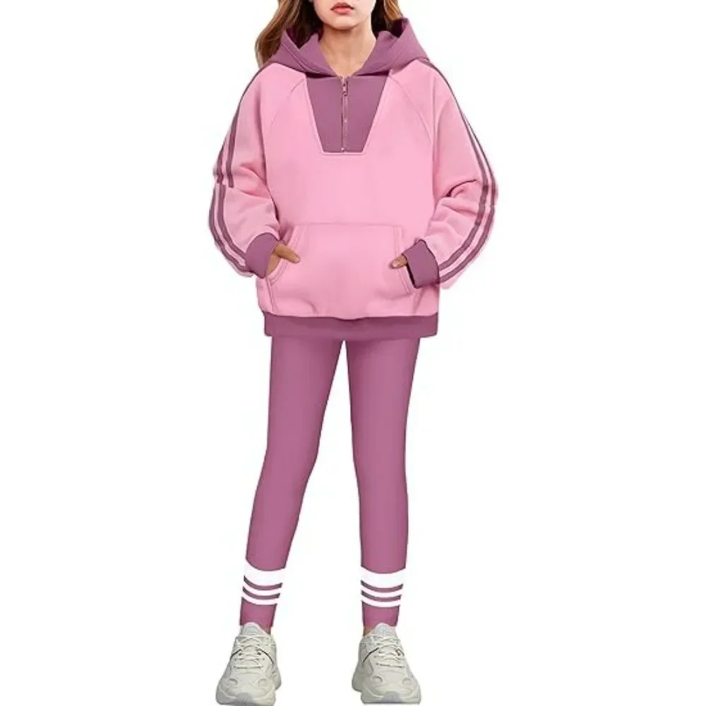 Girl’s 2 Piece Hoodie Sweatshirt Outfits Set 10-12Y 1/4 Zip Print Leggings